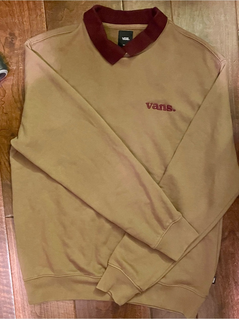 Vans Tan Crewneck Sweatshirt with Burgundy Collar and Logo